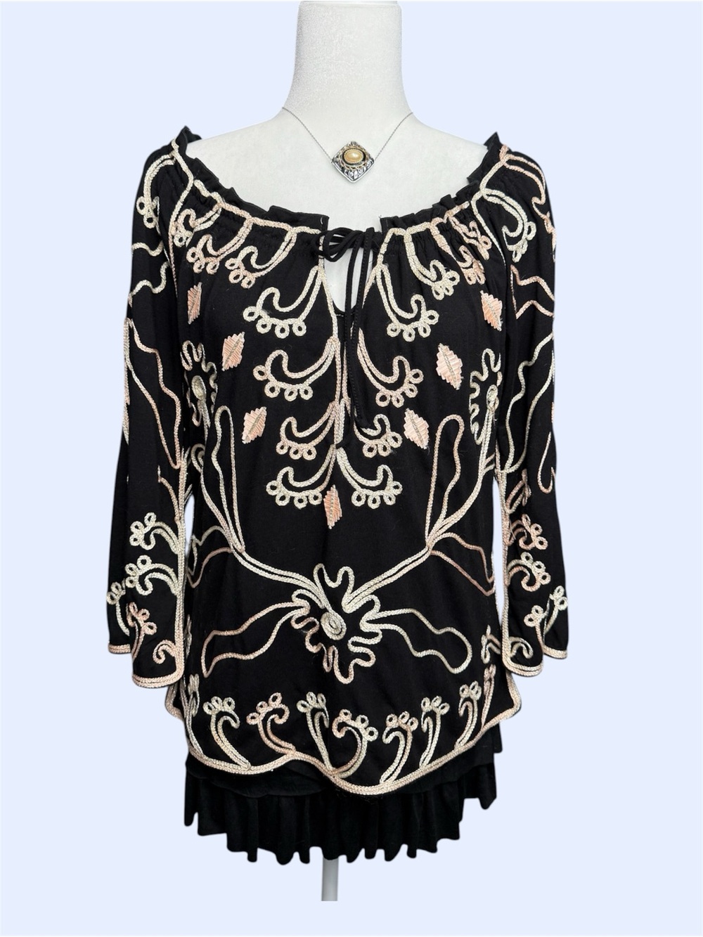 Lauren Michelle Black Embroidered Boho Peasant Blouse XL Whimsigoth Soutache
